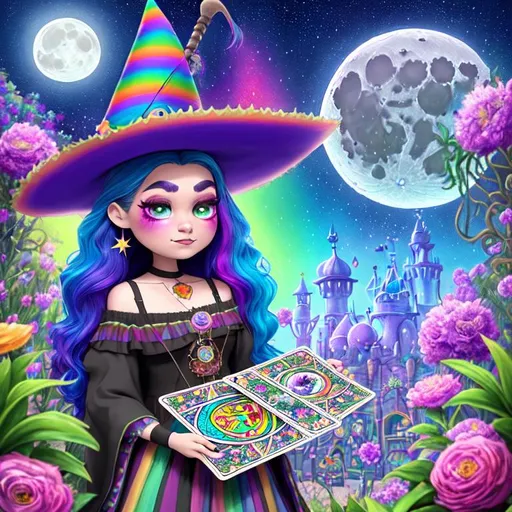 Prompt: mexican witch with rainbow hair, large chest, holding tarot cards, cute, flowers, aesthetic, pastel, fairycore, disney, pixar, moon, stars, witchcraft, in a starry pastel sky,  garden, sweet, dreamy, award winning illustration, artstation, highres, hyperrealistic, large eyes, celestial, sci-fi, fantasy, cottagecore