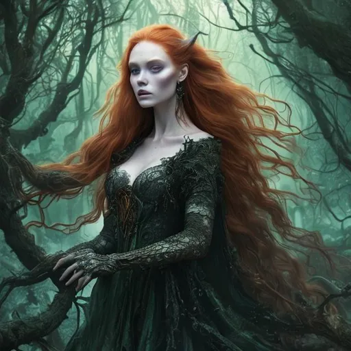 Prompt: Detailed and mystical portrait of a witch with ivory clear skin, long redhead hair and deep purple eyes. Gorgeous hot body, she wears rich green dress, night light, forest, dramatic, charming pose, frontal, magical, fantasy, 8k, high detailed, dramatic light