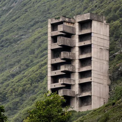 Prompt: brutalist architecture on the side of a mountain.