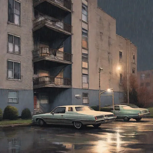 Prompt: The car stops in front of a concrete apartment building about three stories tall with a small parking lot and two cars already parked parallel to each other. His mom takes the only available spot and parks their car, an Oldsmobile that doubled as a moving van . They step down from the car, tired and exhausted  on a cold rainy night 

