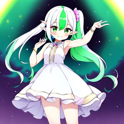 Prompt: nahida,loli,1girl, solo, green eyes, dress, white dress, pointy ears, multicolored hair, sleeveless dress, arm up, white hair, gradient hair, sleeveless, bangs, blush, green hair, long hair, side ponytail, hair between eyes, looking at viewer, hair ornament, smile, standing, bracelet, jewelry, bare shoulders, grey hair, standing on one leg, short dress, symbol-shaped pupils, open mouth, petals, outdoors, cross-shaped pupils, tree, masterpiece,perfect anatomy , best quality,ultra-detailed,illustration,dynamic angle and lighting
