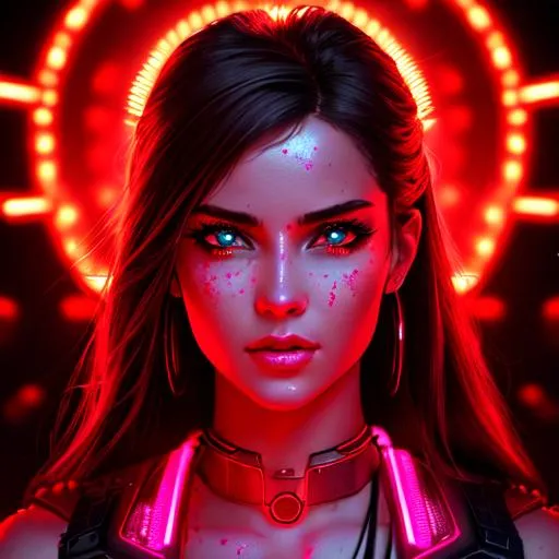 Prompt: A crisp, clear, sci-fi, photorealistic image of a beautiful bloodied women entering the gates of hell with neon lights. detailed, intricate, clear eyes. Crisp image, extremely detailed, high resolution, 8k resolution