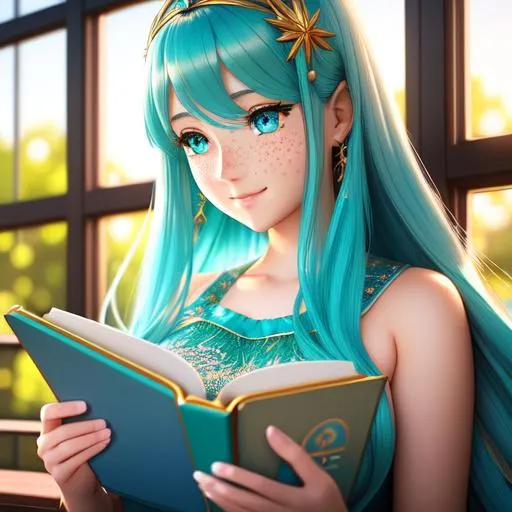 Prompt: Render of a gorgeous curious 3d anime girl reading a book, full body, long turquoise hair, smooth blue eyes, cute freckles, full round face, short smile, blue dress, golden hour, serene space setting, medium shot, mid-shot, ultra realistic, intricate details, highly detailed, trending on Artstation, Hyperealistic details ray tracing shaders, octane render 8 k, UHD