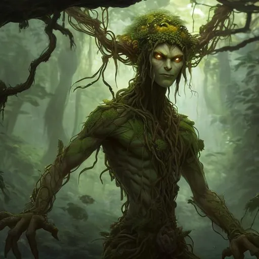 Prompt: Image of a young adult humanoid plant creature, with vines joining wooden limbs together, captivating yellow eyes with an alluring gaze, perfect body composition,

Druid standing in the middle of the forest

RPG art, super detailed, 8k, high quality, trending art, trending on artstation, sharp focus, studio photo, perfect lighting and shadows.