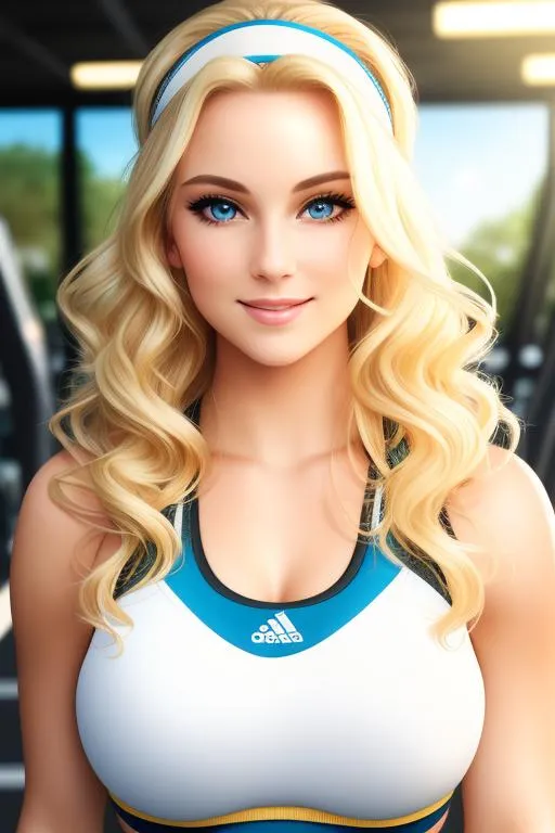Prompt: cinematic shot of gorgeous blonde lady(divine look, beautiful eyes, detailed face, smiling) in gym, wearing sports bra, with headband, hair with curls, eye contact, realistic
