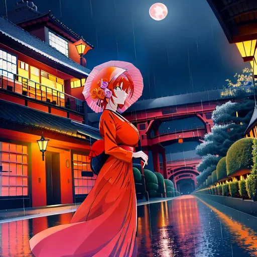 Prompt: Orange Cat, rose, night, moon, anime, city, train, landscape photography, rain
