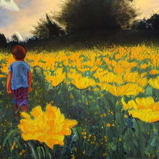 Prompt: A painting about a lonely boy is running on a huge yellow flower garden with beautiful sunlight