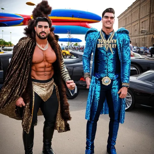 Prompt: 30 foot tall bodybuilder vs 7-foot-tall runway model, cars, planes, giants, Mambo, sequin, ripped clothes, super muscular, circus , giant, cloak 