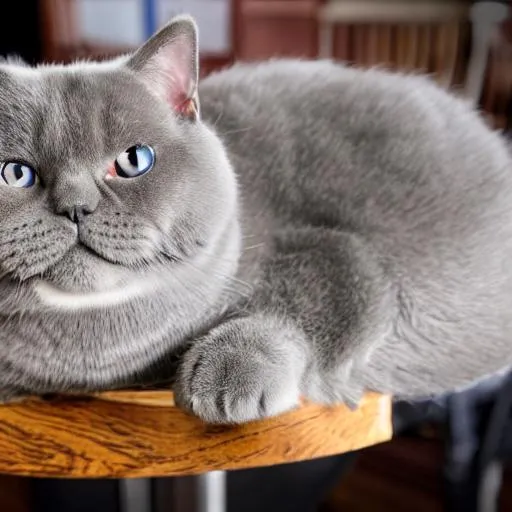 Prompt: a photo of one cute British shorthair cat with a distinctively stocky body, dense coat, and broad face, a solid grey-blue coat, blue eyes,  medium-sized tail, including tabby and colour point, on a table of ShangHai  coffee bar, high res, 8k, high detailed,24mm, 4k, DSLR, high quality, 60 fps, ultra realistic, cinematic lighting,