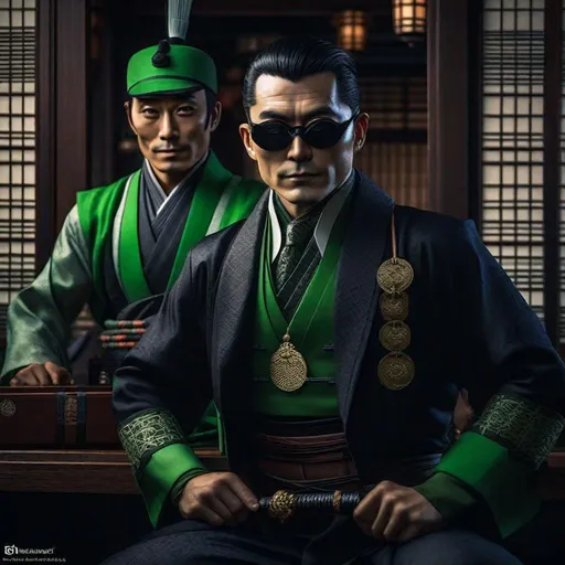 Prompt: Portrait of {Ninja the riddler and Oswald Cobblepot } in  {edo era Japan}, perfect composition, hyperrealistic, super detailed, 8k, high quality, trending art, trending on artstation, sharp focus, studio photo, intricate details, highly detailed,happy face, by greg rutkowski