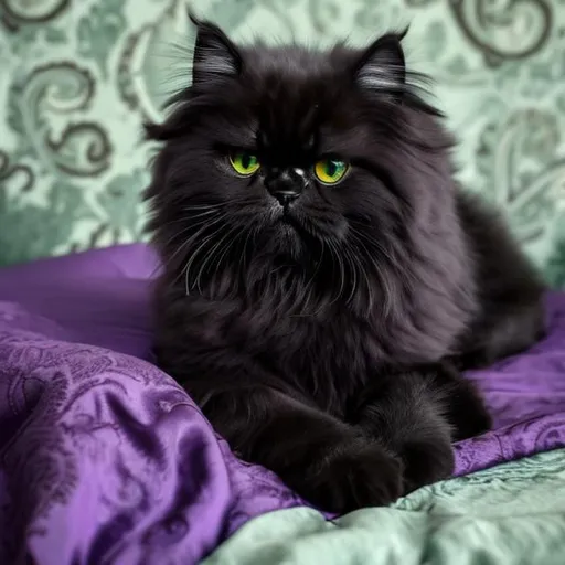 Prompt: A happy medium-sized black Persian cat with green eyes sitting on a purple paisley bed. Photo.