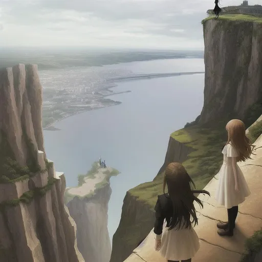 Prompt: A cliff with a girl standing and admiring the view of the below city