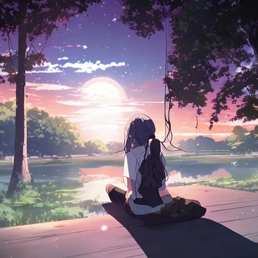 Prompt: A girl sitting down whit a liminal sunset in a anime world