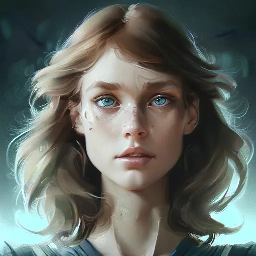 Prompt: Ultra Photo Realistic, Very Detailed, beautiful young woman, blue-green eyes, long brown  hair, sad face, very detailed eyes, hd, high definition, 8k resolution, art station, by justing gerard and greg rutkowski, digital art, Apocalypse theme background