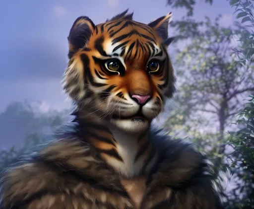Prompt: cute , young , male, anthropomorphic , fluffy , tiger , feline , khajiit , furry , bright green 
eyes , pretty face , starry sky , bank of river 