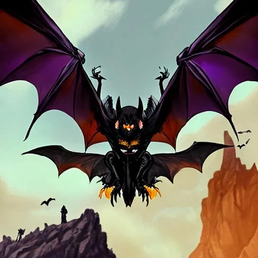 Prompt: Orange_Eyes, Winged Bat, Deep Grudge, Poison in the Sky, Black Mountain Background, Almost Identical Purposed Failings