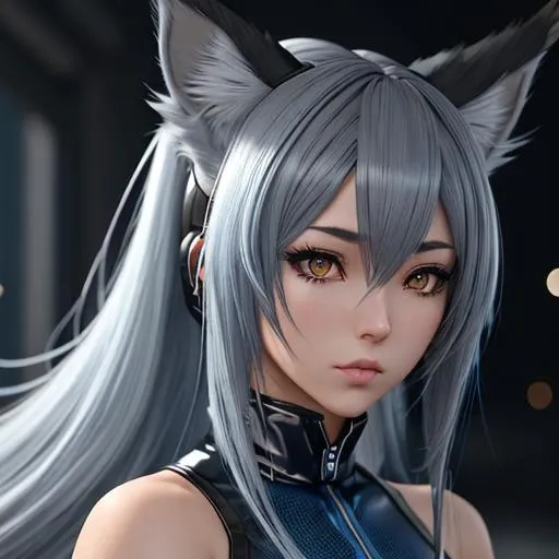 Prompt: An anime girl, (lynx ears )that are (grey),blue leotard latex outfit,long ({dark blue} hair)(midnight blue hair)(fringeless), feeling apathy, concept art, high resolution scan, hd octane render, intricate detailed, highly detailed face, unreal engine, trending on artstation, UHD, 8k, Very detailed,standing on top of a high building, sad, loneliness, full body pose, she has long ({dark blue} hair)(midnight blue hair)(fringeless), pale skin, ([grey eyes] with cat-like iris), (lynx ears )that are (grey), and blue latex leotard outfit, intricate facial detail, intricate eye detail, intricate details,  hyperrealistic full body pose, hyperrealistic ethereal, dark blue and long hair, white lynx ears, sharp jaw, hyperrealistic golden cat eyes , hyperrealistic human nose, hyperrealistic lips, ethereal, divine, hyperrealistic face, hyperrealistic pale skin, intricate eye detail, pale skin, (dark blue latex outfit), fringeless, (forehead showing), highly detailed concept art,  , hd octane, intricate quality, HD, trending on artstation, fringeless, forehead showing ,highly detailed concept art, high resolution scan, hd octane render, intricate detailed, highly detailed face, unreal engine, trending on artstation, UHD, 8k, Very detailed