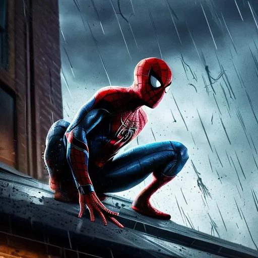 Prompt: spider-man is sitting. looks down. rain. thunderstorm. high. roof.