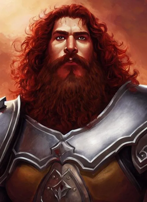 Prompt: Portrait of a human male paladin with short curly crimson hair and handsome face, big beard, shiny armor, perfect human, perfect composition, hyperrealistic, super detailed, oil painting, Wold of Warcraft, D&D, Lord of the Rings, Fantasy,