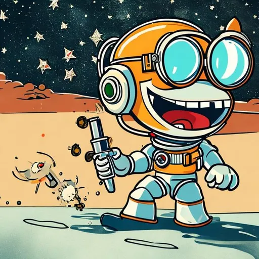 Prompt: 2D cuphead cartoon astronaut with a gun