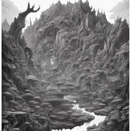 Prompt: impressive fantasy landscape, beautiful line art, pure b & w, etching illustration, square sticker, by joe fenton and greg rutkowski