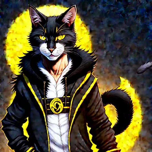 Prompt: 15 year old cat-boy, look like a human with cat ears and a cat tail, black curly, black fur, yellow eyes, wear all black, wear a black hoodie, with a wooden sword on there back, 5 feet tall, light brown skin