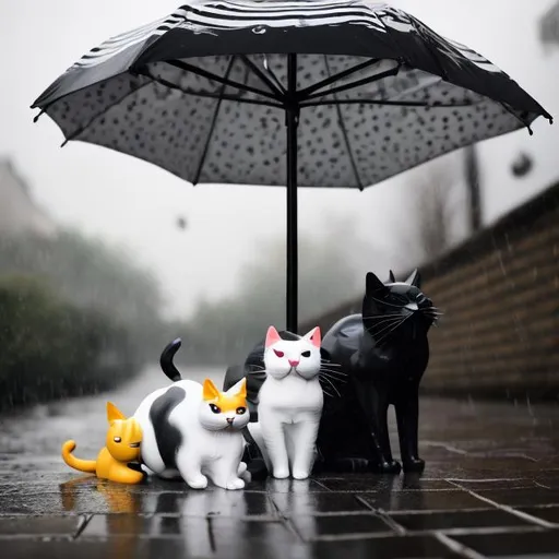 Prompt: black and white cats in the rain umbrellas