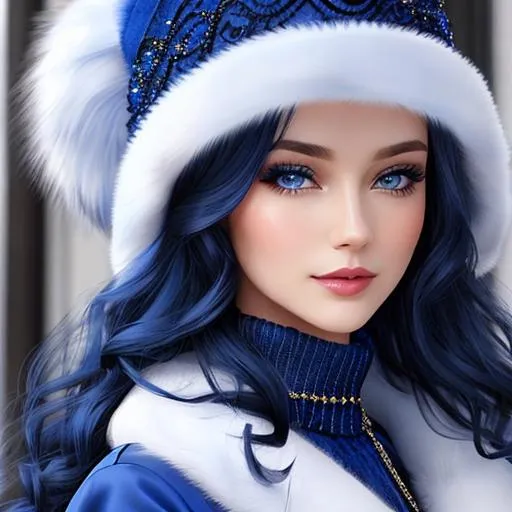 Prompt: Lady all in blue, Long  very curly hair, sapphire blue eyes, face front, blue fashion, fur hat and coat, pretty makeup