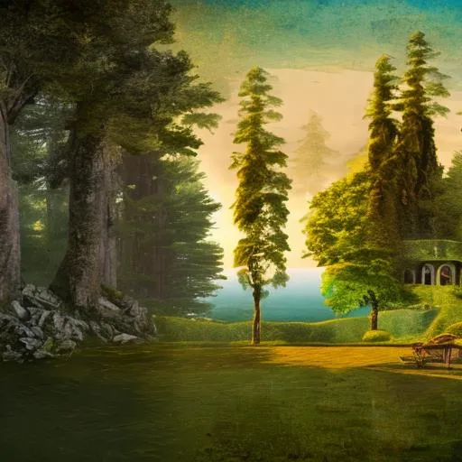 Prompt: A bay. Lots of trees. A Mansion on a hill. The sun shines. Basque atmosphere. Photorealistic. 