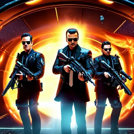 Prompt: The men in black, wearing glasses, holding alien blasters, epic cinematic shot, shooting down an alien ship