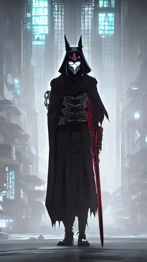 Prompt: A person wearing a Japanese Inari mask, showing the whole body. Wearing a grim reapers robe. Horror theme, dark, fantasy, sci fi. Background cyberpunk era of dystopian japanese village. Using colors black, white, and shades of grey. 