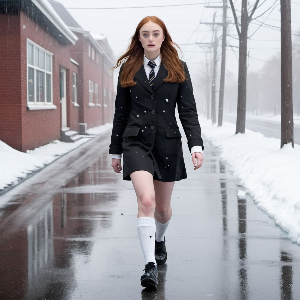 Sophie Turner as a brunette schoolgirl with cold bar... | OpenArt