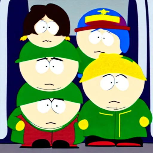 Prompt: south park kenny kyle stan and cartman on the bus to school