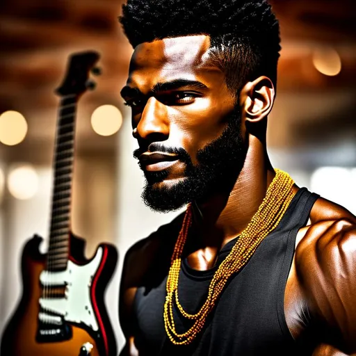 Prompt:  Tall gym body Beautiful hairless black man hairless face, sitting next to a guitar,with big brown wooden beads necklace around his neck,realistic, super detailed, confident, 