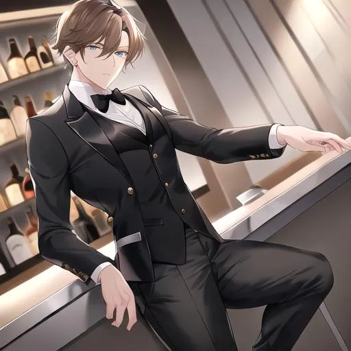 Prompt: Alex 1male. Short light brown hair. Soft and mesmerizing light grey eyes. Wearing a sleek black button-up shirt, paired with tailored black pants and shiny leather shoes. He completes the look with a stylish black vest and a classic black bow tie. UHD, 8K, standing behind a bar counter serving drinks