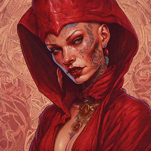 Prompt: A detailed portrait of a sultry female red wizard. She has a bald head covered in sinuous tattoos. She wears a revealing dark red robe, and her expression promises pleasure and pain.