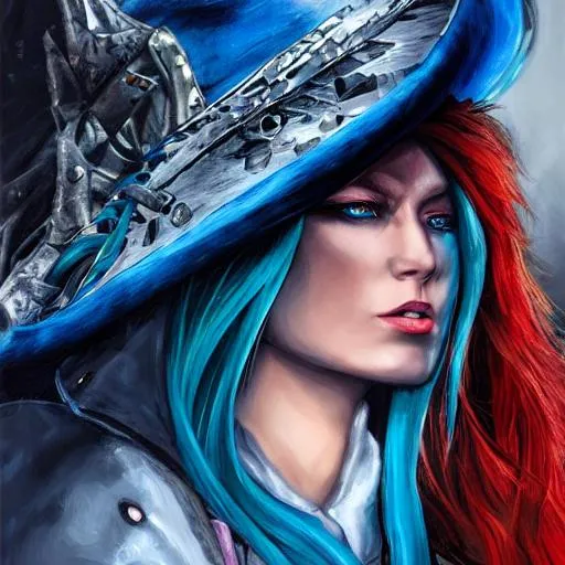 Prompt: UHD, hd , 8k, oil painting, hyper realism, Very detailed, comic book character, zoomed out view, full body of character in view, female with long blue hair using a water spell, she wears a blue witch hat, she wears a dark knight returns style outfit wearing armor with a blue trench coat over top