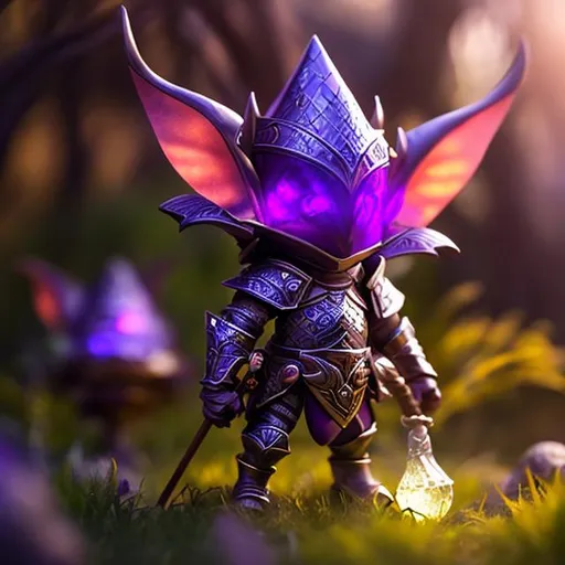 Prompt: Goblin, pots and pans armor, fantsy, playful, knight, adventure, outside background, purple skin, small, long ears, long nose, crystals, gems, magic, glow