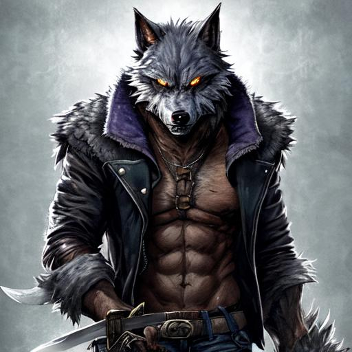 a badass werewolf wearing a jacket and holding a sword | OpenArt