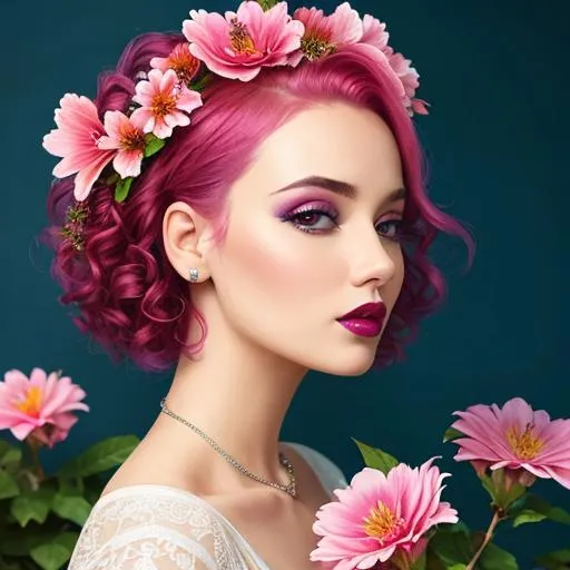 Prompt: a beautiful woman , lots of pretty pink flowers, magenta hair, magenta lips