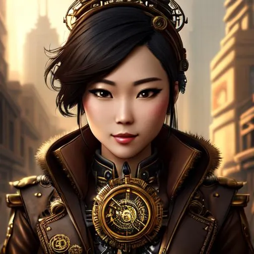 Prompt: A steampunk asian in a dystopian city and sepia gears, abstract, glitchy, haunting, surreal, dreamy, 4k, futuristic details and bronze clockwork, realistic, painterly, whimsical, enchanting, charming, portrait, delicate details