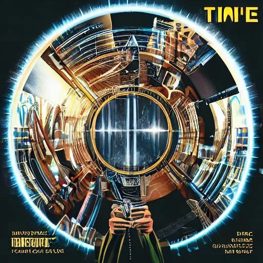 Prompt: Time Machine Symphony: Imagine an album cover that portrays a futuristic time machine surrounded by swirling musical notes, transporting listeners through the decades with a sense of awe and wonder.