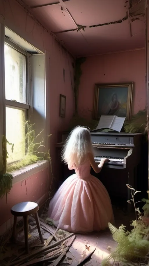 Prompt: Ethereal spirit figure, playing an instrument in an overgrown abandoned hotel, spooky atmosphere, realism, eerie, high resolution, haunting, atmospheric lighting, funny, silly