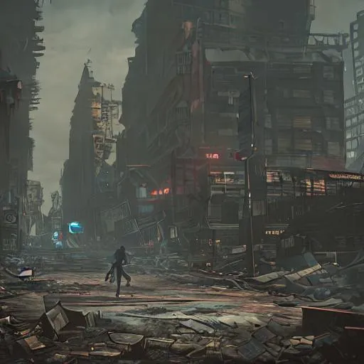 Prompt: Destroyed city with sign saying welcome to raccoon city