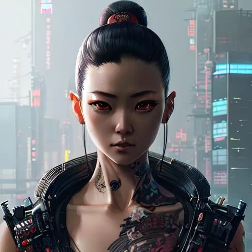 Prompt: Portrait of Japanese yakuza bionic young woman, cyberpunk, futuristic, perfect composition, hyperrealistic, super detailed, 8k, high quality, trending art, trending on artstation, sharp focus, intricate details, highly detailed, by greg Rutkowski, Ryan Hewett 