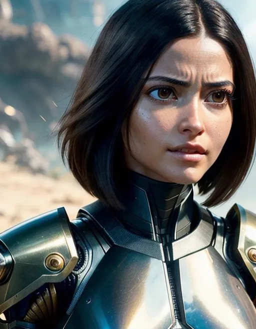 Prompt: 64K Ultra-Realistic Ultra-Detailed WETA Digital 3D Rendering of Combat Cyborg Alita Battle Angel. Silky Bob-Styled Hair with Choppy Layers framing her strikingly beautiful young face perfectly. Bright Brown Almond-Shaped Eyes. Straight Nose, High Cheekbones. Small Rounded Chin. Full Moist Lips. Flawless Skin Glistening in Sweat.