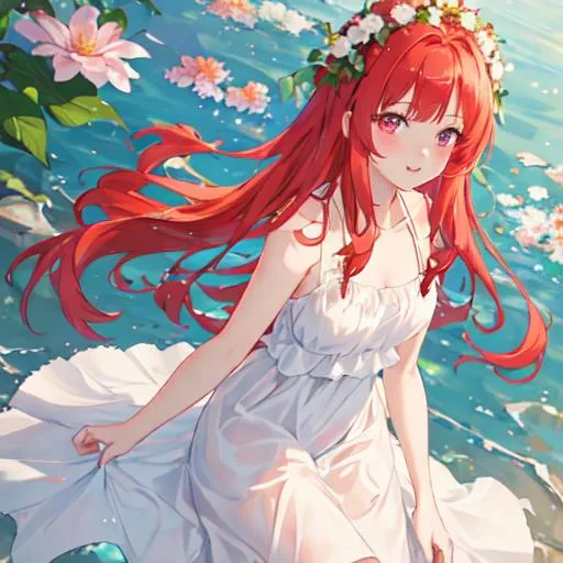 Prompt: Haley (bright red hair) blushing, 8k, UHD, wearing a white sundress, wearing a flower crown, studio ghibli style