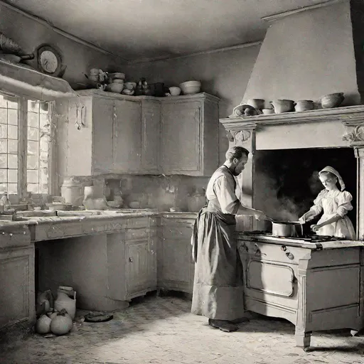 Prompt: In a classic manoir in providence usa, in a big sized kitchen, scene of a young girl and an adult man. The man is cooking something, he looks scary, and the young girl seems to be careful