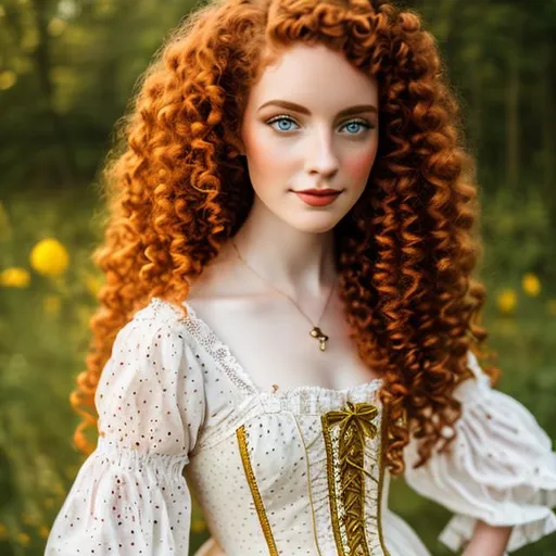 Prompt: Cottagecore lass red long curly hair, yellow ambar eyes, pale skin with freckes 
Dressing 1760 gown