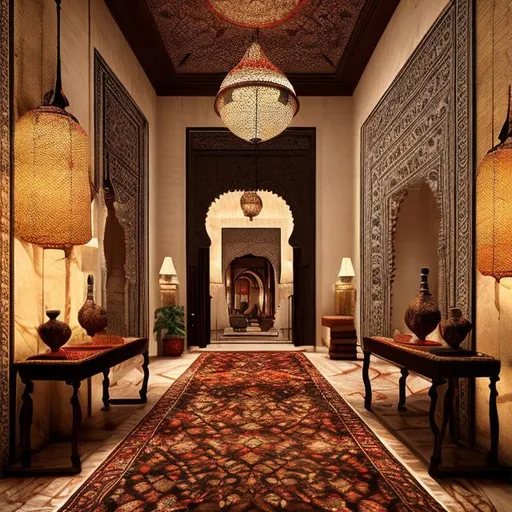 Prompt: A big entrance hall in a castle, marble walls, rich colored persian carpets, moroccon style lamps and furniture